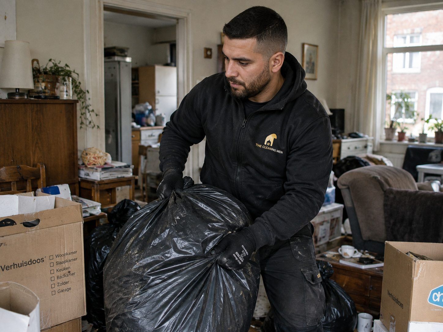 Medewerker van The Cleaning Men ruimt een woning op tijdens een ontruiming